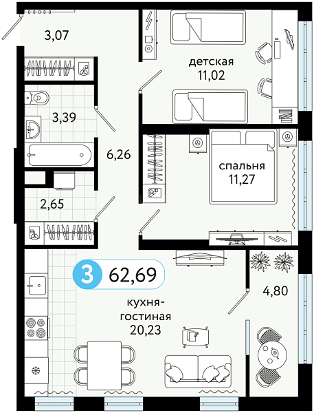 2-к квартира в новостройке, 62 кв.м., улица Сергея Джанбровского, 25