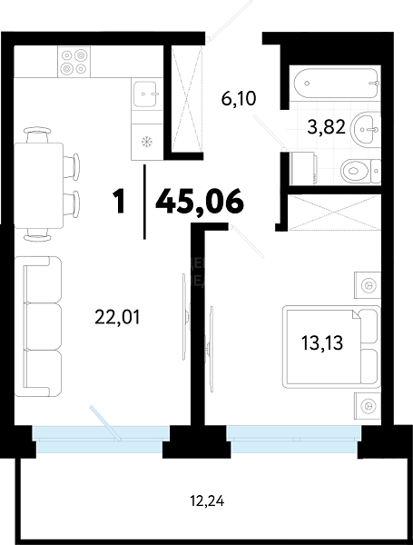 1-к квартира в новостройке, 45 кв.м., ул Бирюзова, 8