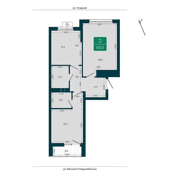 2-к квартира в новостройке, 63 кв.м.