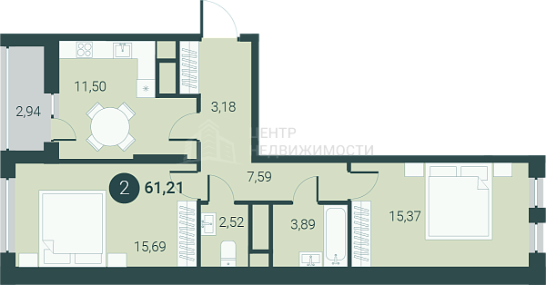 2-к квартира в новостройке, 62 кв.м., город Тюмень, Тюменская область