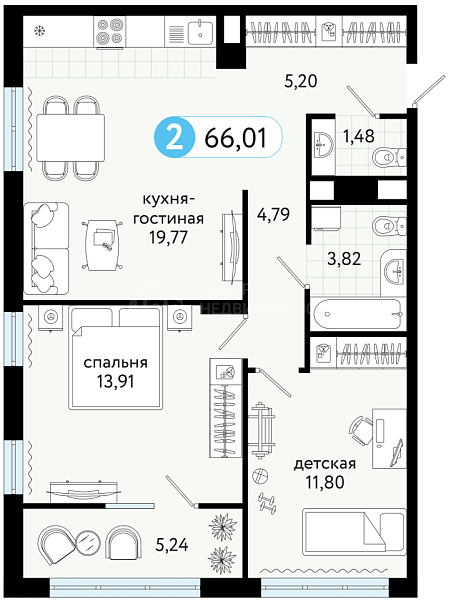 2-к квартира в новостройке, 66 кв.м., улица Сергея Джанбровского, 25