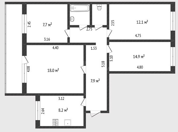 4-к квартира, 75 кв.м., улица Циолковского, 15