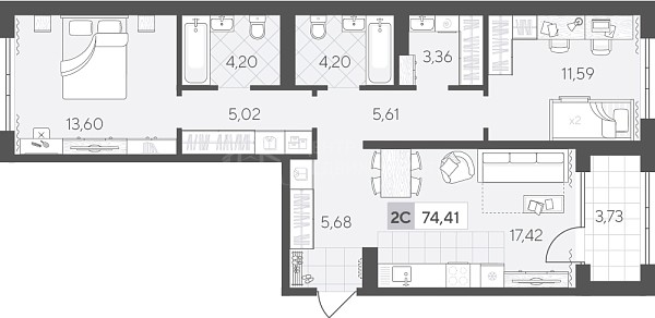 2-к квартира в новостройке, 74 кв.м., Сергея Свиридова, 11