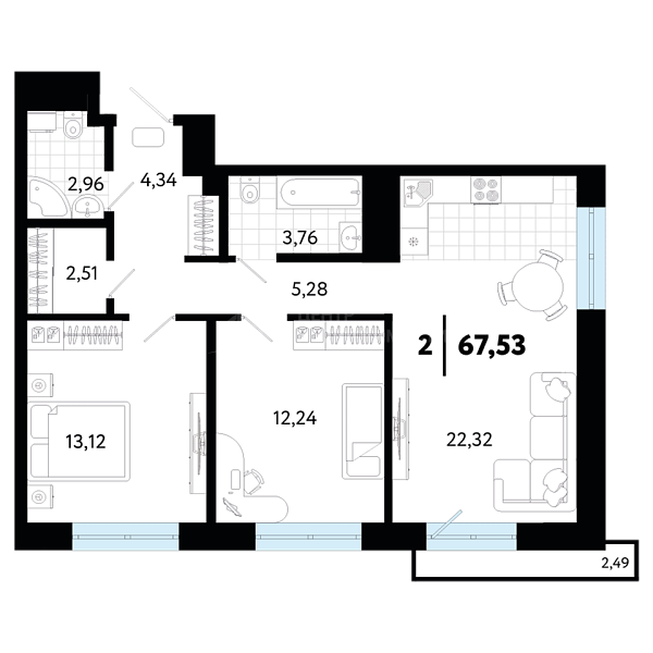 2-к квартира в новостройке, 67 кв.м., ул Малышева,  31, корпус 1