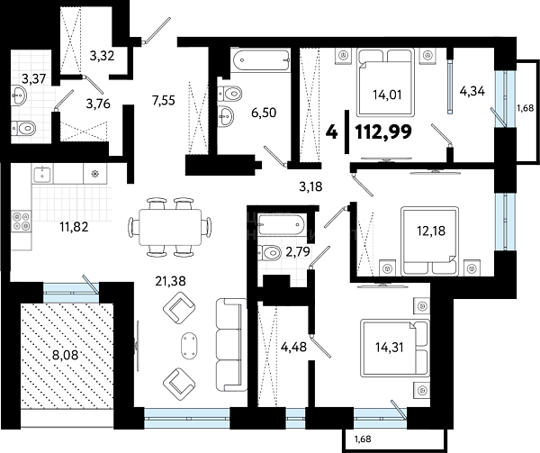 4-к квартира в новостройке, 112 кв.м., ул Бирюзова, 8