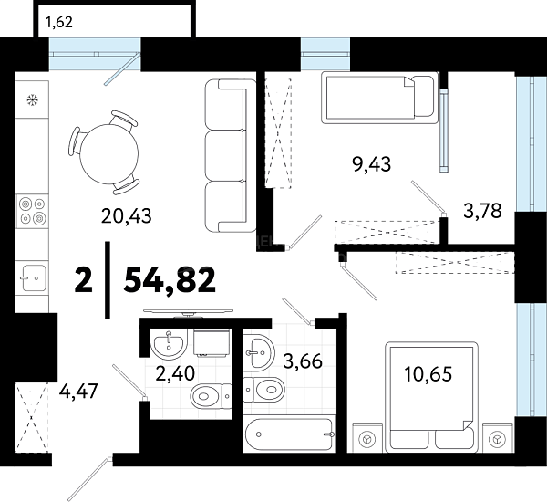 2-к квартира в новостройке, 54 кв.м., ул Бирюзова, 8