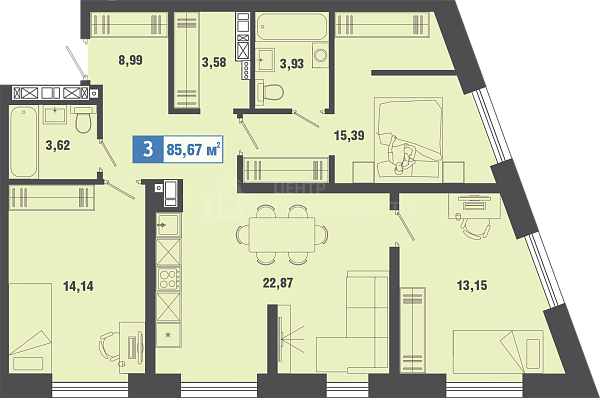 3-к квартира в новостройке, 85 кв.м., микрорайон Рощино, улица Александра Федоровича, 10