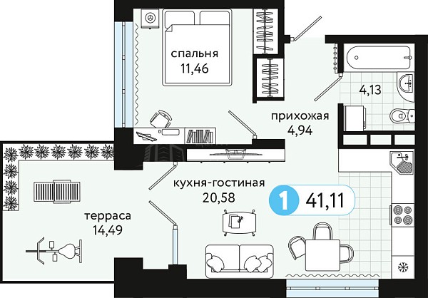 1-к квартира в новостройке, 41 кв.м., улица Сергея Джанбровского, 19