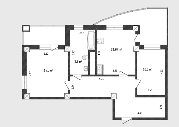 2-к квартира, 64 кв.м., улица Федюнинского, 64