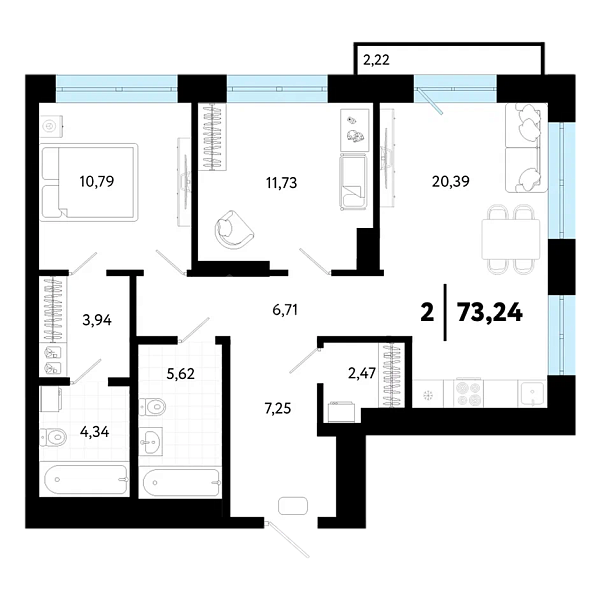 2-к квартира в новостройке, 73 кв.м., ул Бирюзова, ГП1