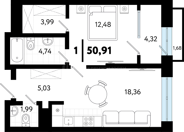 1-к квартира в новостройке, 50 кв.м., ул Бирюзова, 8