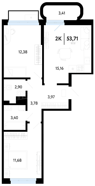 2-к квартира в новостройке, 53 кв.м., Калининский, ул Василия Малкова, 32