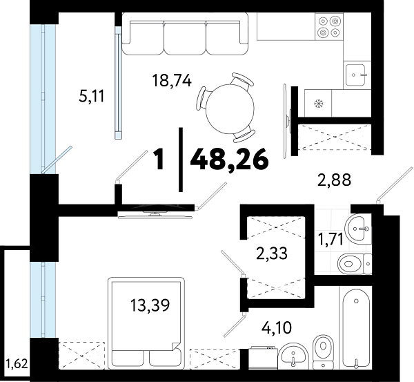 1-к квартира в новостройке, 48 кв.м., ул Бирюзова, 8