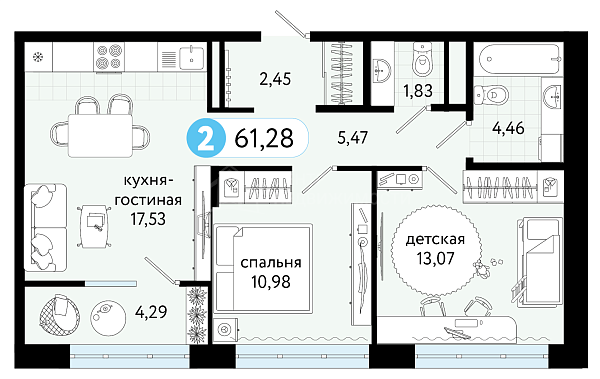 2-к квартира в новостройке, 61 кв.м., ул С. Джанбровского, 21