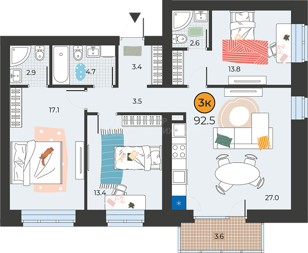 3-к квартира в новостройке, 92 кв.м., Тюмень,  Федюнинского, 20 ст1 стр