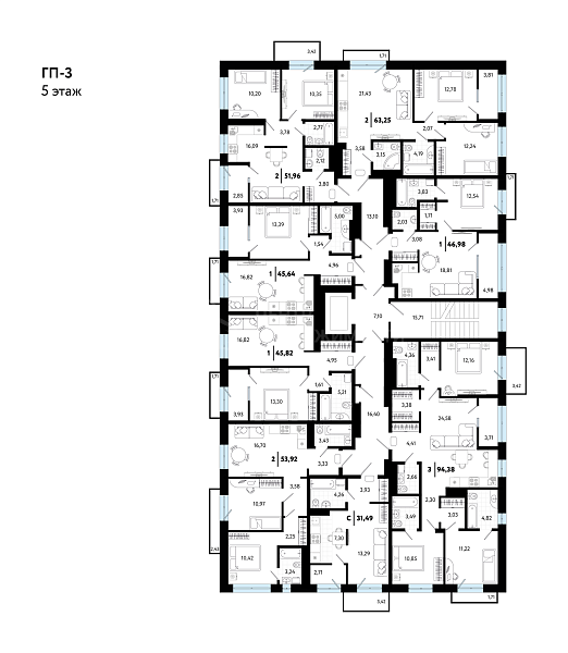 2-к квартира в новостройке, 52 кв.м.