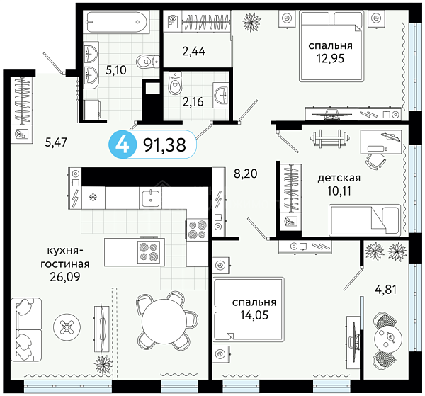 3-к квартира в новостройке, 91 кв.м., ул С. Джанбровского, 23