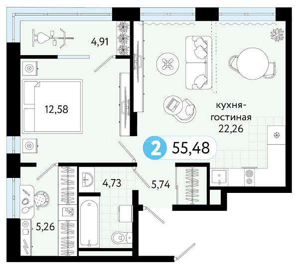 2-к квартира в новостройке, 55 кв.м., ул С. Джанбровского, 21