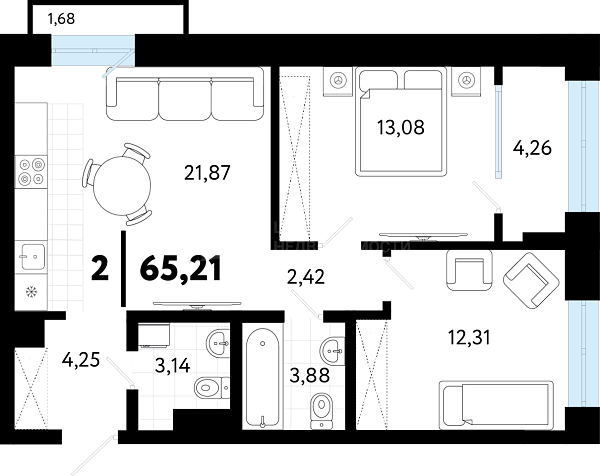 2-к квартира в новостройке, 65 кв.м., ул Бирюзова, 8