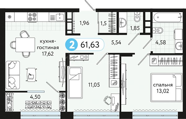 2-к квартира в новостройке, 61 кв.м., ул С. Джанбровского, 17