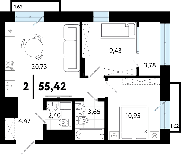 2-к квартира в новостройке, 55 кв.м., ул Бирюзова, 8