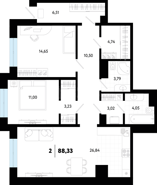 2-к квартира в новостройке, 88 кв.м., ул Ставропольская, 12