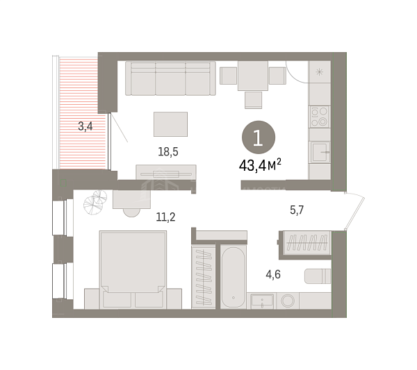 1-к квартира в новостройке, 43 кв.м., ул. Мысовская,  26, корпус 1