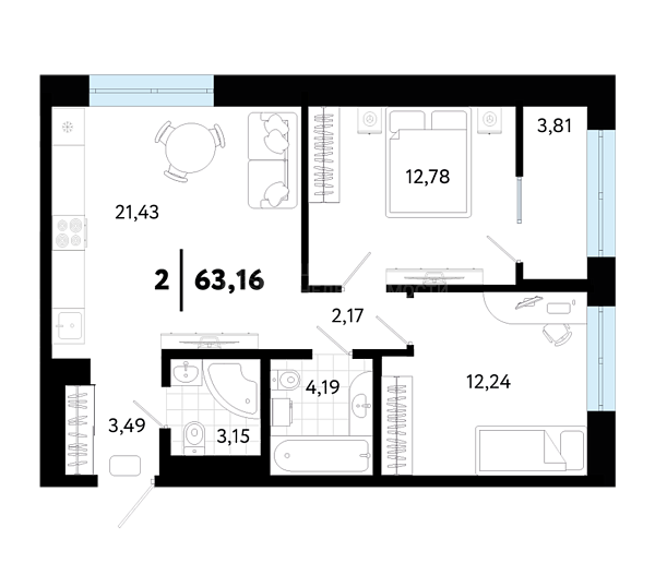 2-к квартира в новостройке, 63 кв.м., ул Малышева,  31, корпус 1