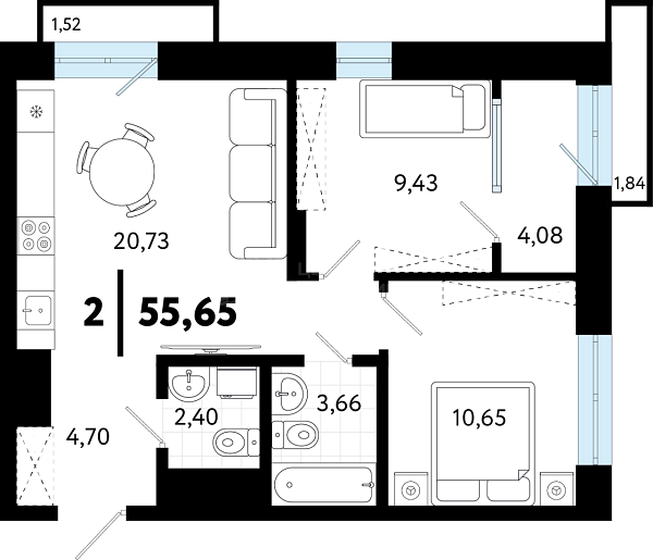 2-к квартира в новостройке, 55 кв.м., ул Бирюзова, 8