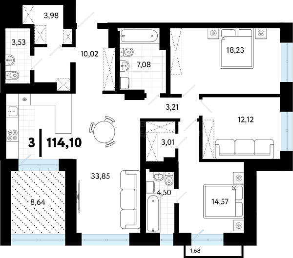 3-к квартира в новостройке, 114 кв.м., ул Малышева, 8