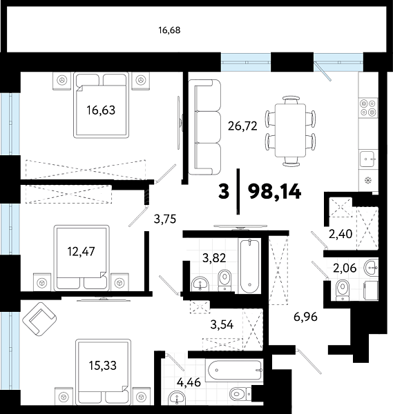 3-к квартира в новостройке, 98 кв.м., ул Малышева, 8